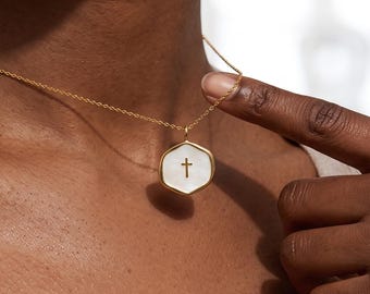 Mother of Pearl Cross Necklace: Solid Gold Christian Pendant, Christian Faith Jewelry, Religious Necklace