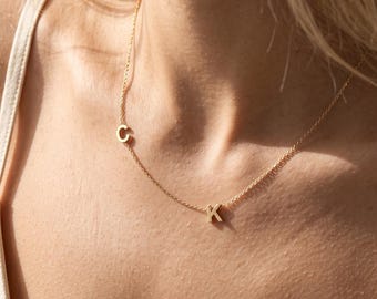 Solid Gold Initial Necklace, Floating Initial, Side Initial Chain