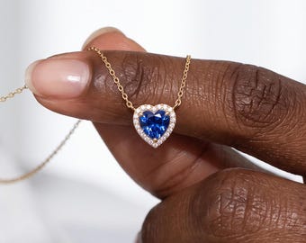 Solid Gold Sapphire Heart Necklace: Dainty Engagement Necklace, Personalized Birthstone Jewelry for her