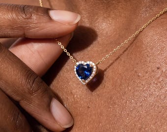 Dainty Heart Birthstone Necklace: Solid Gold Halo Gemstone Pendant, Sapphire Heart Jewelry