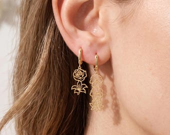 Personalized Birthflower Name Earrings: Handmade Birthmonth Earrings, Dainty Gold Dangle Earrings