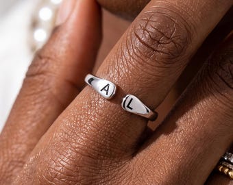 Engraved Two Initials Ring: Statement Initial Ring Women, Dainty Gold Two Letter Ring, Letter Couple Jewelry