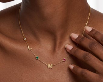 Custom Birthstone Initial Necklace: Personalized Family Gemstone Necklace, Multiple Initial Pendant, Solid Gold Jewelry