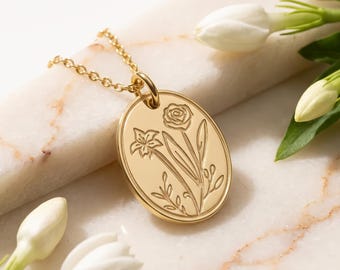Engraved Custom Flower Bouquet Necklace: Family Bouquet Necklace, Dainty Floral Jewelry,  Solid Gold Pendant