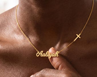 Custom Name and Cross Necklace: Solid Gold Sideways Cross Nameplate, Personalized Faith Jewelry