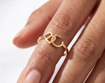 Gold Interlocking Monogram Ring: Double Initial Ring, Solid Gold Minimalist Jewelry, Anniversary Band Ring