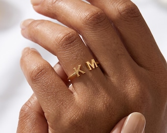 Engraved Initial Ring for Her: Dainty Gold Open Ring, Adjustable Minimalist Band, Two Letters Ring