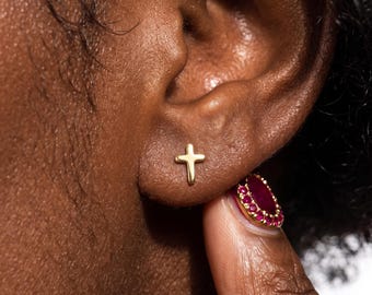 Minimalist Cross Stud Earrings: Solid Gold Tiny Cross Studs, Dainty Religious Jewelry, Small Cross Earrings
