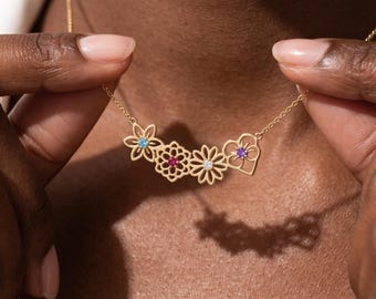 Custom Birth Flower Necklace with Birthstone: Dainty Family Birth Flower Necklace, Multi Birth Month Charm