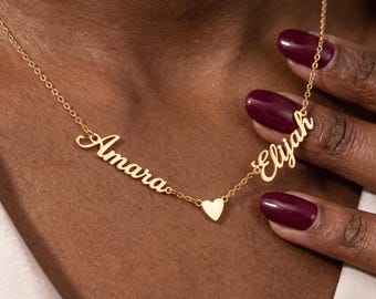 Custom Two Name Heart Necklace: Solid Gold Personalized Couple Necklace, Two Names Love Pendant