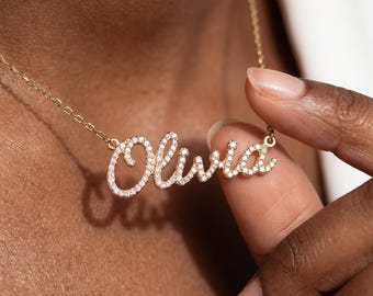 Solid Gold Custom Name Necklace with Zircon: Personalized Name Necklace, Dainty Handmade Jewelry