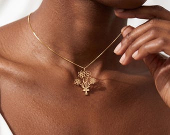 Personalized Birth Flower Bouquet Necklace: Multiple Birthflower Necklace, 14K Gold Family Birth Flower Jewelry