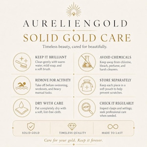 Solid gold care card with cleaning and storage tips, practical guidance for engraved solid gold ring maintenance