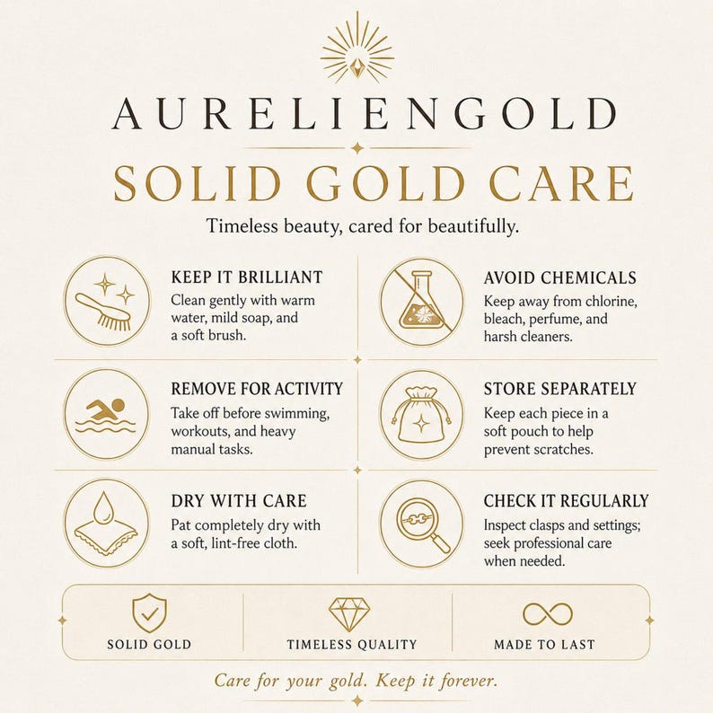 Solid gold care card with cleaning and storage tips, practical guidance for engraved solid gold ring maintenance
