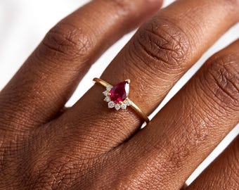Custom Birthstone Teardrop Engagement Ring: 14K Solid Gold Pear Cut Ring with Diamond Accent, Dainty Gold Ring