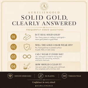 Informational panel listing solid gold FAQs, benefits, and features, useful for custom gold name ring shoppers