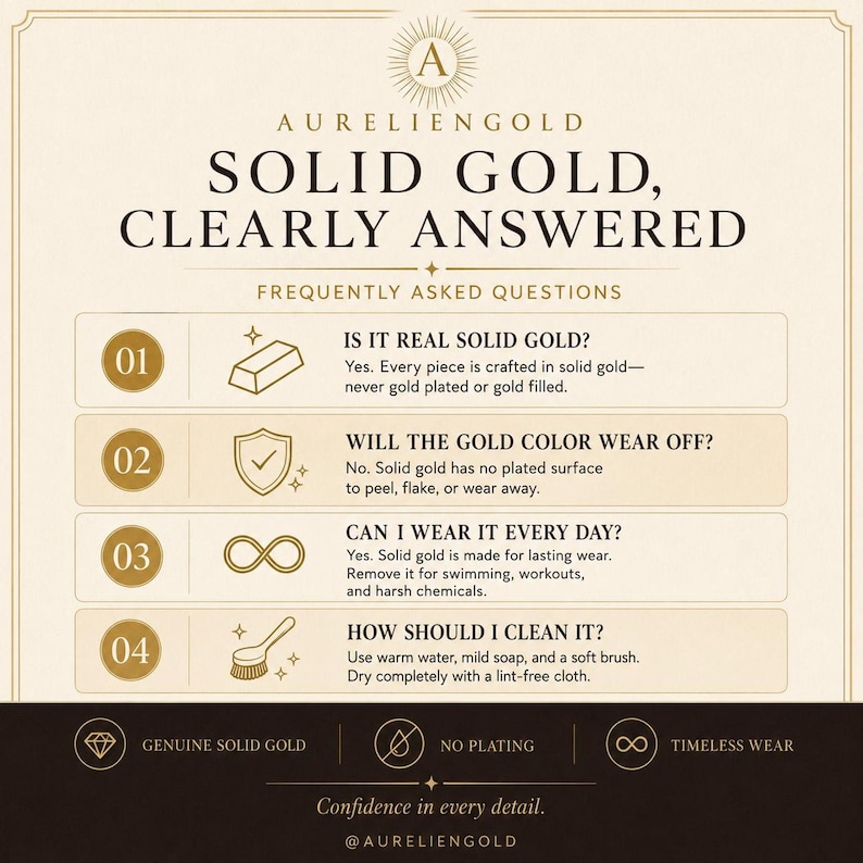 Informational panel listing solid gold FAQs, benefits, and features, useful for custom gold name ring shoppers