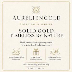 Aurelien Gold care card and branding, solid gold jewelry information sheet paired with custom two initial ring purchase
