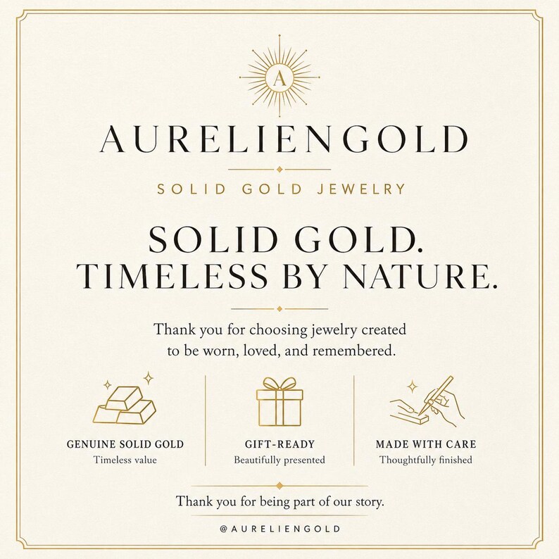 Aurelien Gold care card and branding, solid gold jewelry information sheet paired with custom two initial ring purchase