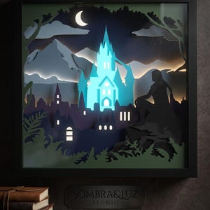 Fire Queen Shadow Box SVG, Fantasy Glass Castle Light Box 3D Papercut Template for Cricut, Romantasy Bookish Papercraft, Stag Wyvern Layered