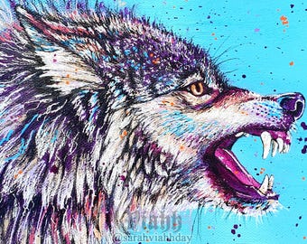 Original snarling blue wolf acrylic painting on canvas mixed media