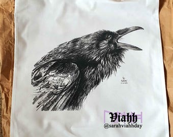 Raven crow charcoal art drawing on large white 100% cotton tote bag double sided print