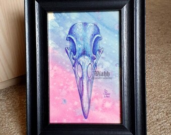 Raven skull original watercolour and ink painting in blue and magenta crow corvid goth gothic nature art alternative drawing framed