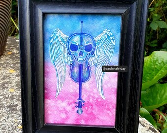 Cello skull with wings original watercolour and ink painting in blue and magenta goth gothic musical instrument alternative drawing framed