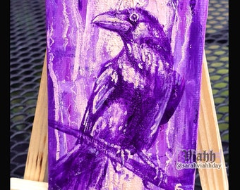Miniature purple raven or crow canvas board acrylic painting