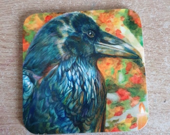 Raven "Akka" with candle coaster art print for drinks tower of london