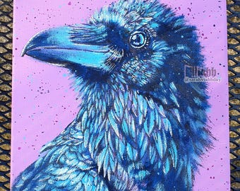 Original blue crow raven acrylic painting on canvas mixed media