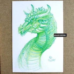Carte postale originale de dragon vert dessin à l'encre sur renard aurores boréales