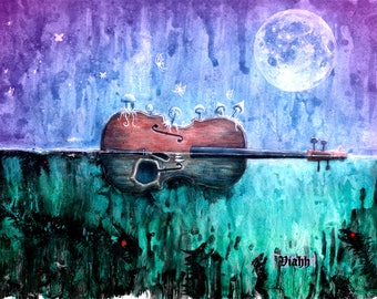Top quality A5/A4 art print moonlit fantasy cello painting 310gsm