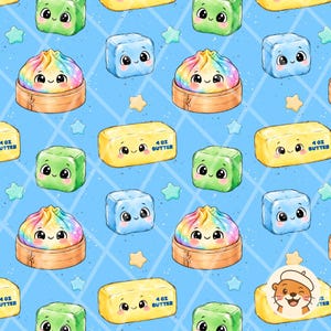May include: A repeating pattern on a blue background featuring cartoon characters: rainbow-colored dumplings in bamboo steamers, green and blue ice cubes, and yellow sticks of butter labeled 4 OZ BUTTER, interspersed with small yellow and blue stars.