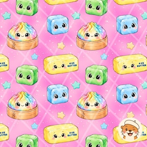 May include: A repeating pattern on a bright pink background featuring cute cartoon characters: rainbow-colored dumplings in bamboo steamers, blue ice cubes, green cubes, and yellow sticks of butter labeled 4 OZ BUTTER, interspersed with small stars.