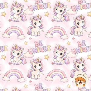 May include: A repeating pattern on a light pink background featuring cartoon unicorns with purple manes and gold horns, pastel rainbows, yellow stars, small mushrooms, and the text BE UNIQUE in block letters with a soft gradient color scheme.