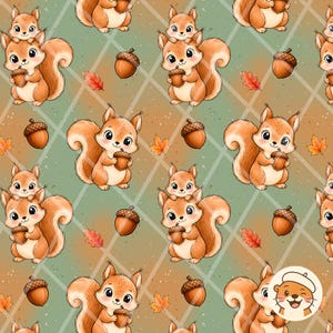 May include: A repeating pattern featuring light brown squirrels holding acorns, interspersed with orange autumn leaves and brown acorns against a sage green background with a white diagonal grid and a small circular logo in the corner.
