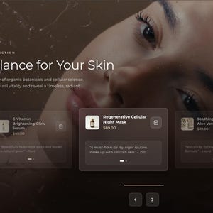 Könnte beinhalten: Eine digitale Benutzeroberfläche für eine Hautpflegekollektion mit dem Text Glow & Balance for Your Skin. Das Layout zeigt Produktkarten für Artikel wie Regenerative Cellular Night Mask, C-Vitamin Brightening Glow Serum und Soothing Botanical Aloe Vera Gel, mit einer Vertrauensbewertung von 4,9/5 und einem Shop-Button.