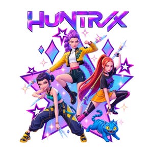 May include: A graphic illustration featuring the text HUNTRIX above three characters in dynamic poses with glowing weapons, set against a large purple star. A blue cat-like creature sits in the foreground, surrounded by smaller sparkling stars.