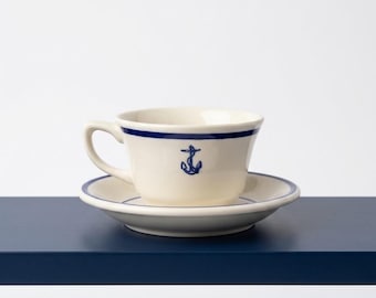 Vintage Nautical Teacup and Saucer, Cream Ceramic with Blue Band and Anchor