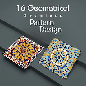 Könnte beinhalten: Zwei quadratische Fliesen mit komplexen geometrischen Mustern und dem Text 16 Geometrical Seamless Pattern Design. Die linke Fliese zeigt gelbe, rote und blaue Motive, während die rechte Fliese blaue, goldene und weiße sternförmige Designs aufweist.