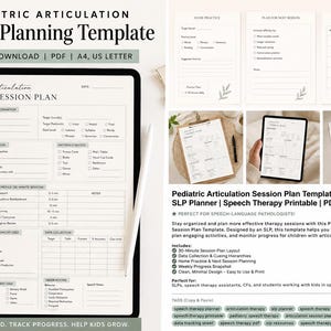 May include: A digital pediatric articulation session planning template featuring sections for client information, session goals, materials, schedules, cueing hierarchies, and data collection. The document includes fields for home practice and progress.