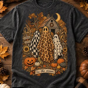 Camiseta de Halloween con estampado de fantasmas espeluznantes / Camiseta de otoño con estampado de calabazas