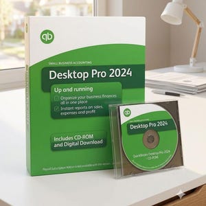 May include: A white and green QuickBooks Desktop Pro 2024 software box featuring the text Small Business Accounting, Up and running, and Includes CD-ROM and Digital Download, accompanied by a matching CD-ROM in a clear plastic jewel case.