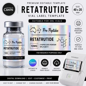Peut inclure: Un flacon en verre transparent avec un bouchon argenté et une étiquette holographique indiquant RETATRUTIDE 10MG LYOPHILIZED POWDER 99% PURITY FOR RESEARCH PURPOSES ONLY. Inclut une imprimante d'étiquettes Niimbot et un modèle de 40 x 20 mm.