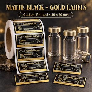 Personalised Printed Customised Matte Black & Gold Vial Labels | 40x20mm Stickers (3mL Vial)