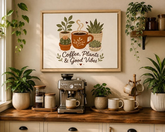 Framed Coffee Plant Canvas: Colorful Botanical Wall Art for Coffee Bar or Kitchen