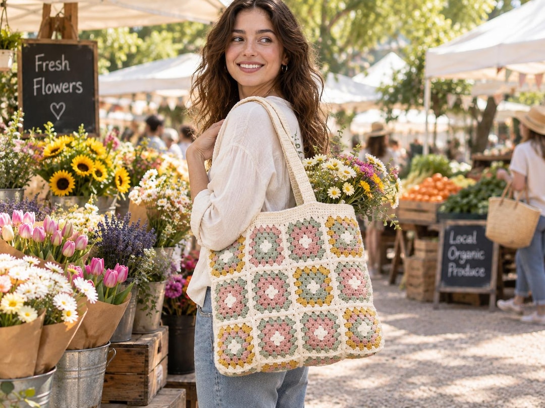 Granny Square Crochet Tote Pattern, Floral Boho Market Bag (digital PDF ...