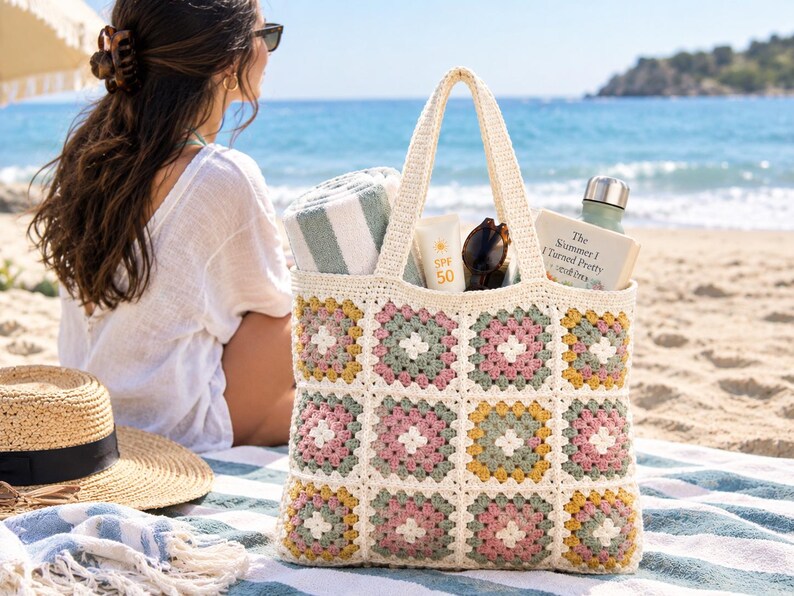 Granny Square Crochet Tote Pattern, Floral Boho Market Bag (digital PDF ...