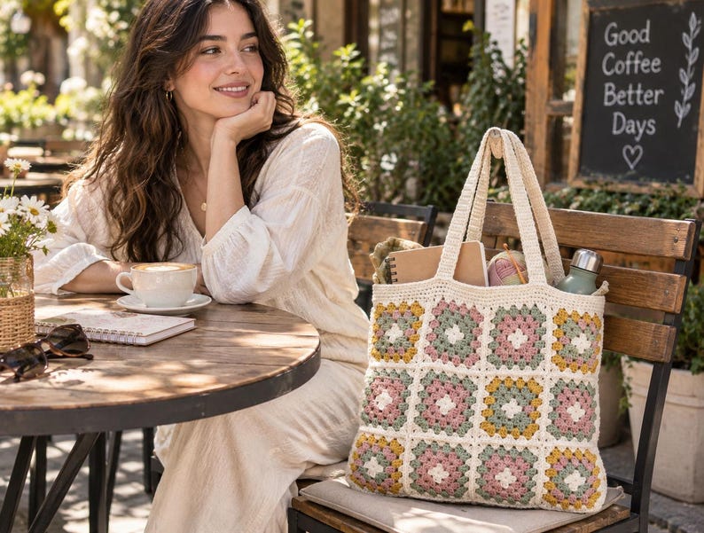 Granny Square Crochet Tote Pattern, Floral Boho Market Bag (digital PDF ...